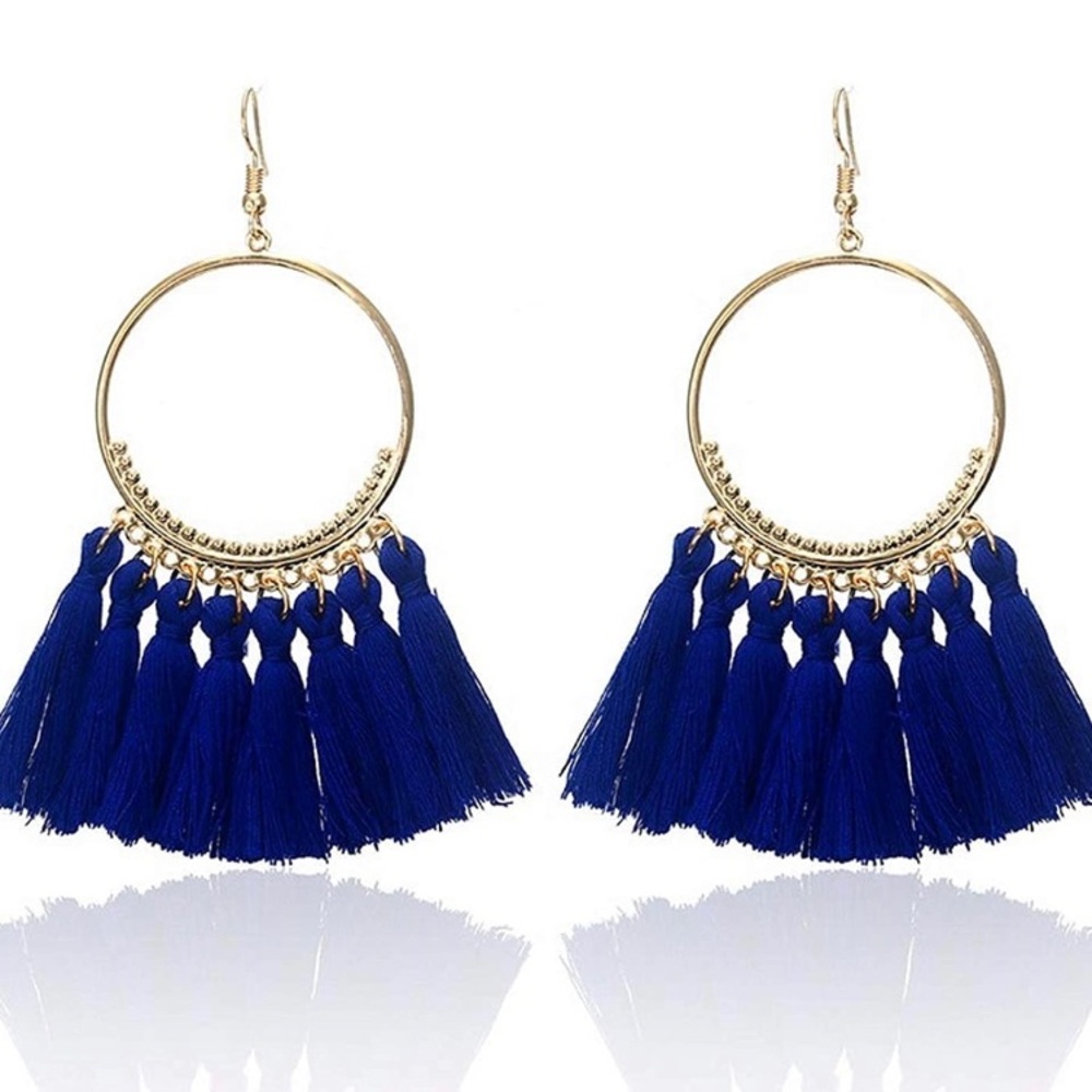 Blue Tassel Hoop Earrings